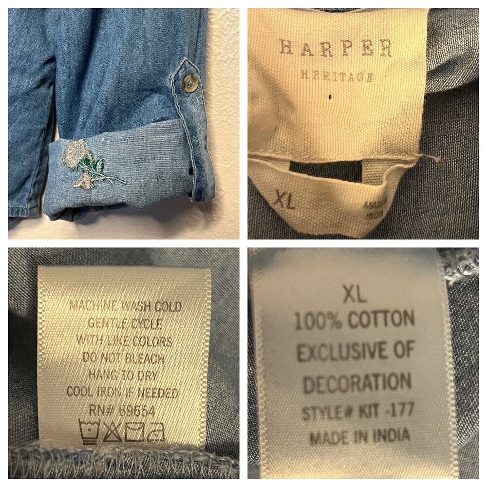 VTG Harper Heritage Women XL Denim Shirt Yellow Rose Embroidery Asymmetrical Hem - Picture 11 of 16